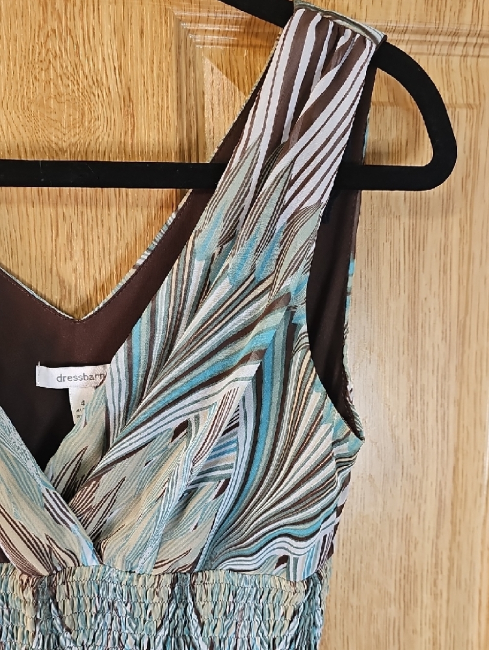 dressbarn Teal, Brown and Cream V-Neck Smocked Waist Midi Dress - Picture 5 of 10